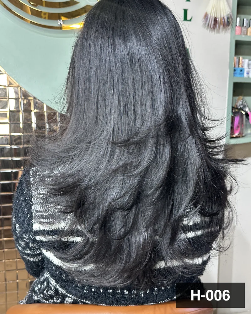 Long dark hair cut into soft layers with the ends curled under, seen from behind at Salon By Babita, Haldwani — reference H-006
