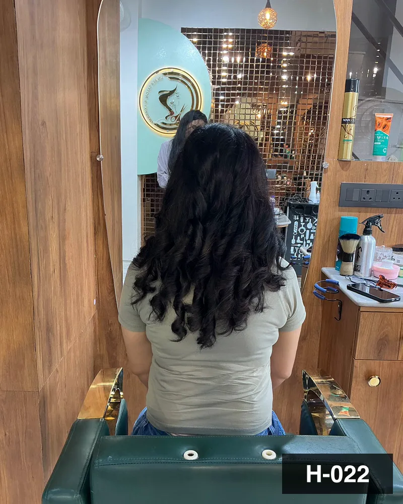Curled hair set and shaped at the chair, seen from behind at Salon By Babita, Haldwani — reference H-022