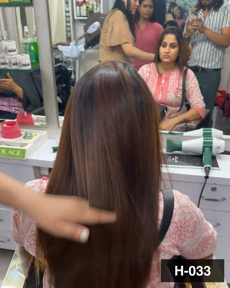 Long brown hair with lightened ends brushed straight, seen from behind at Salon By Babita, Haldwani — reference H-033