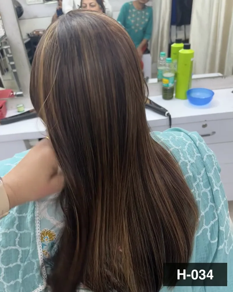 Brown hair with lighter strands through it, brushed straight and seen from behind at Salon By Babita, Haldwani — reference H-034