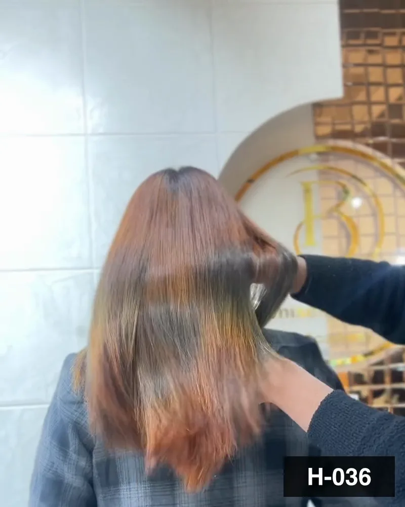 Copper-toned hair blow-dried straight, seen from behind at Salon By Babita, Haldwani — reference H-036