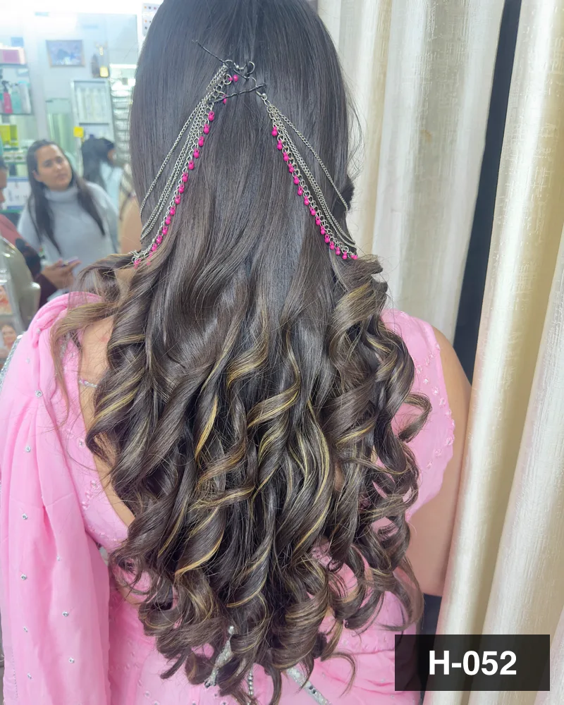 Long hair curled and dressed with a beaded hair chain, seen from behind at Salon By Babita, Haldwani — reference H-052