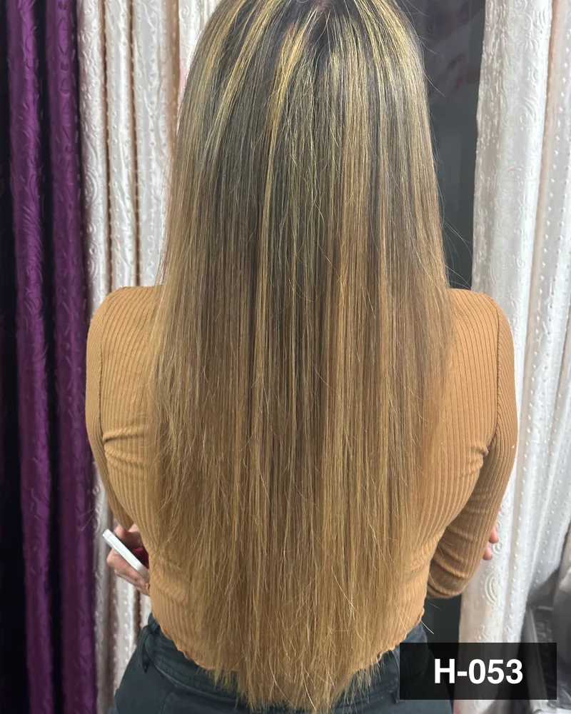 Long hair lightened to a warm honey blonde with the natural root left dark, seen from behind at Salon By Babita, Haldwani — reference H-053