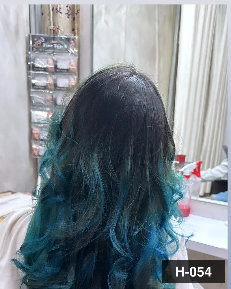 Dark hair taken to a teal-blue through the mid-lengths and ends, curled and seen from behind at Salon By Babita, Haldwani — reference H-054
