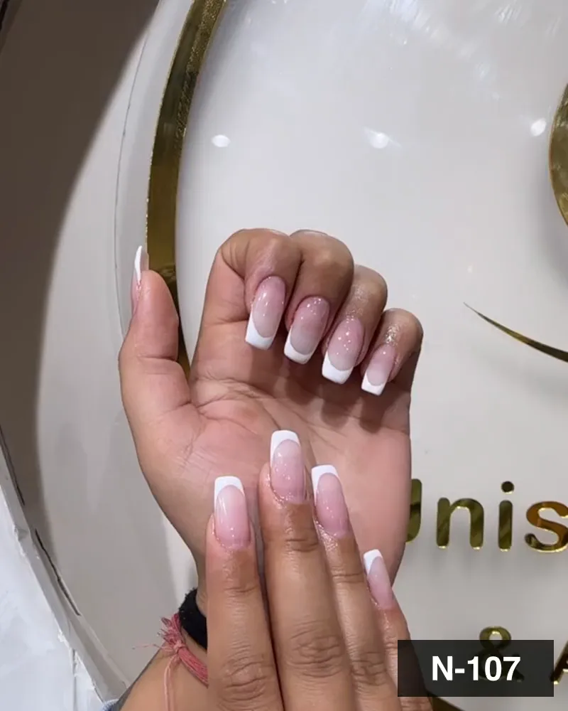 A classic white french long square nail set on both hands at Salon By Babita, Haldwani — reference N-107