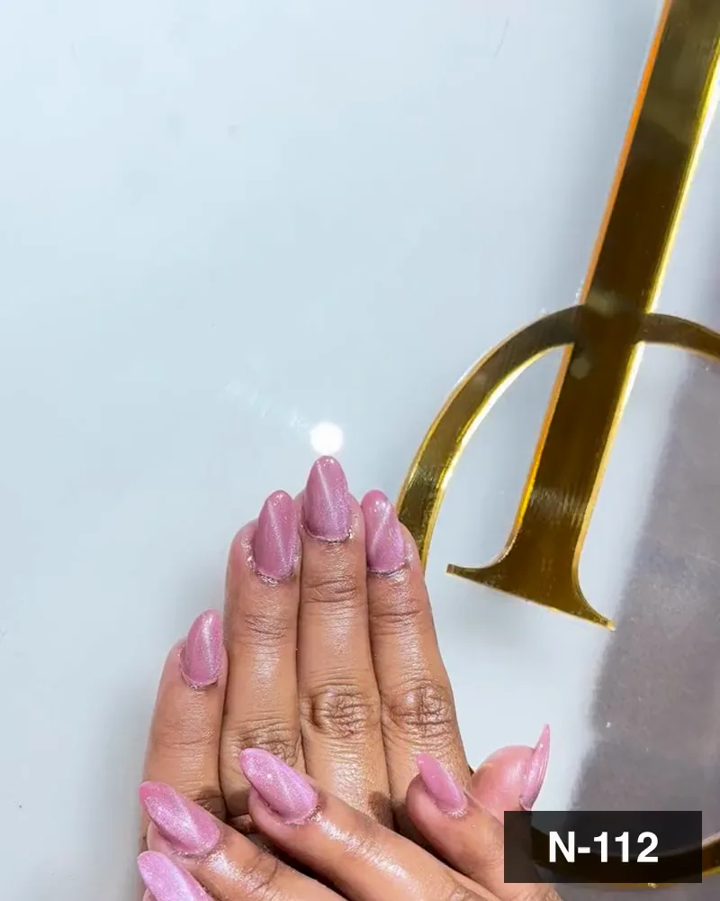A lilac-pink cat-eye almond nail set on both hands at Salon By Babita, Haldwani — reference N-112