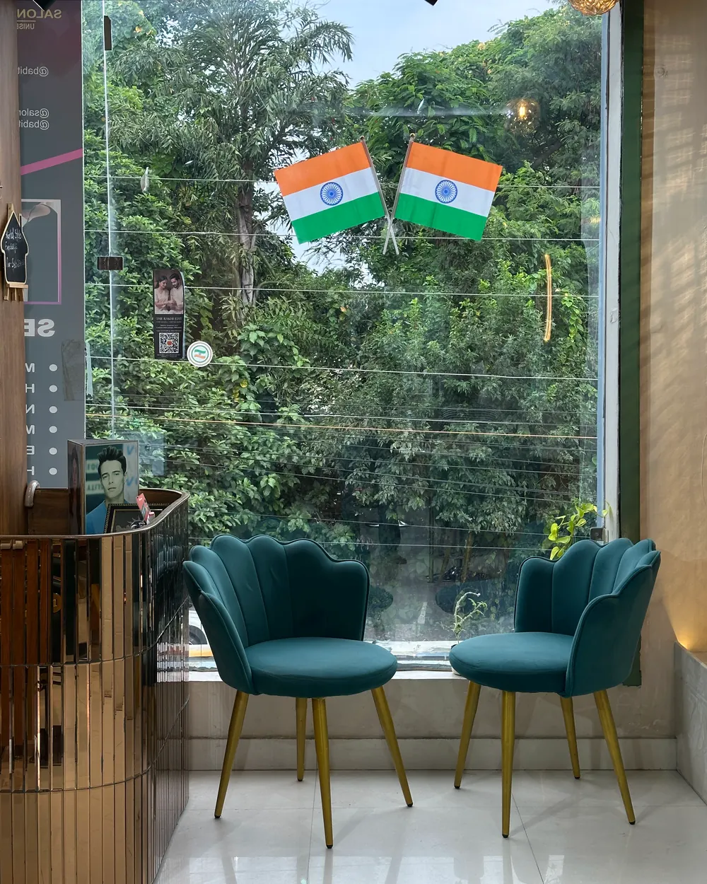 Window waiting area with velvet chairs at Salon By Babita, Haldwani