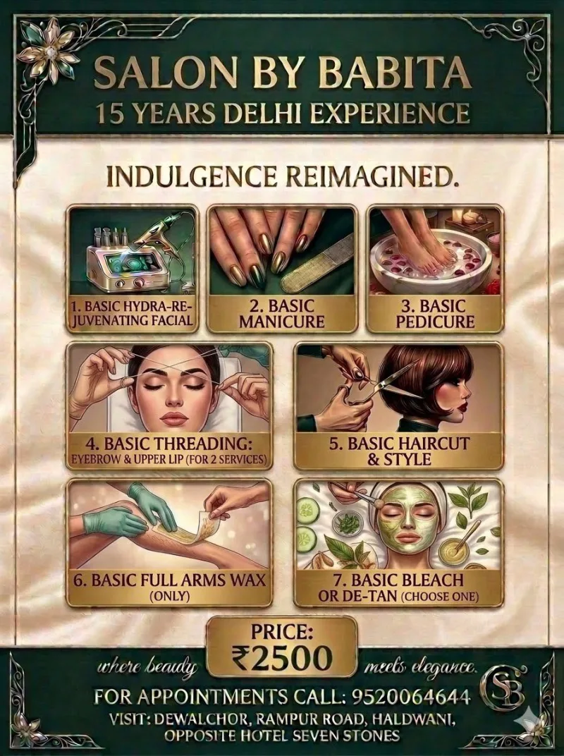 Indulgence Reimagined ladies' salon package poster — 7 services for ₹2,500 at Salon By Babita, Haldwani